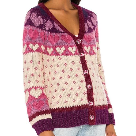 LoveShackFancy Deena Cardigan Sweater Prune heart flower wool alpaca size small - Picture 1 of 14